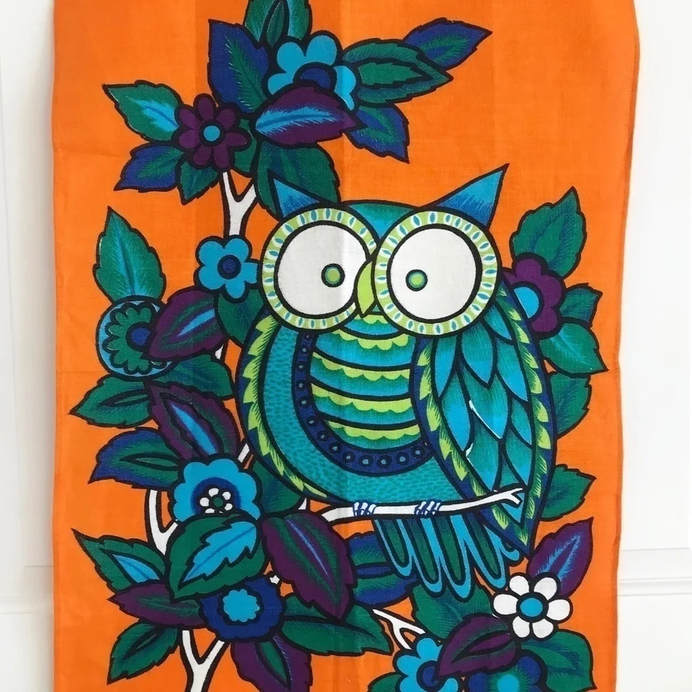 Vintage 1960s Irish Linen Wise Owl Textile Wall Hanging